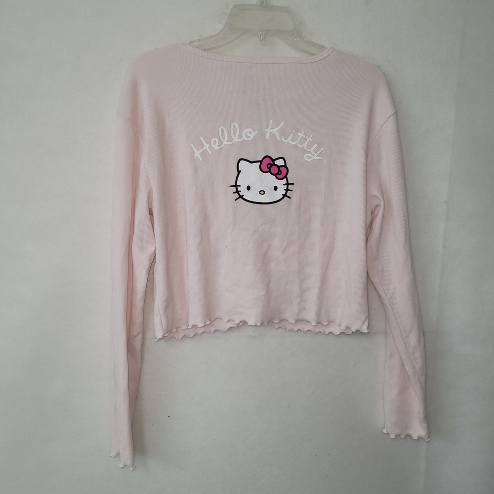 Sanrio Hello Kitty Pink Ribbed Long Sleeve Tie Front Top Lettuce Edge XL